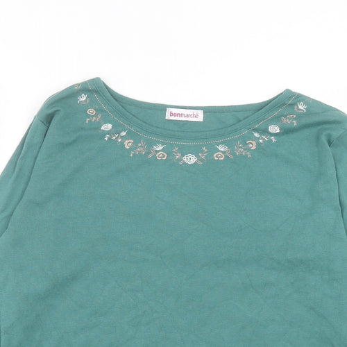 Bonmarch Womens Green Floral Cotton Basic T-Shirt Size L Crew Neck