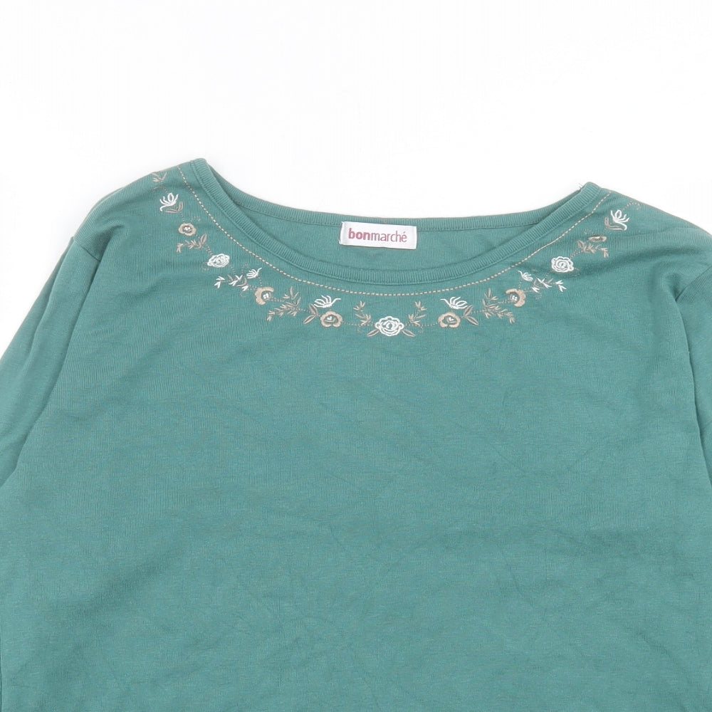 Bonmarch Womens Green Floral Cotton Basic T-Shirt Size L Crew Neck