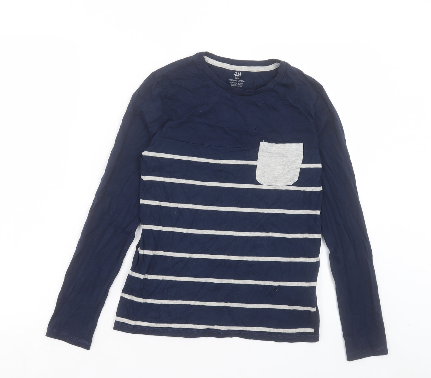 H&M Boys Blue Striped Cotton Basic Casual Size 10-11 Years Crew Neck Pullover - Pocket Detail