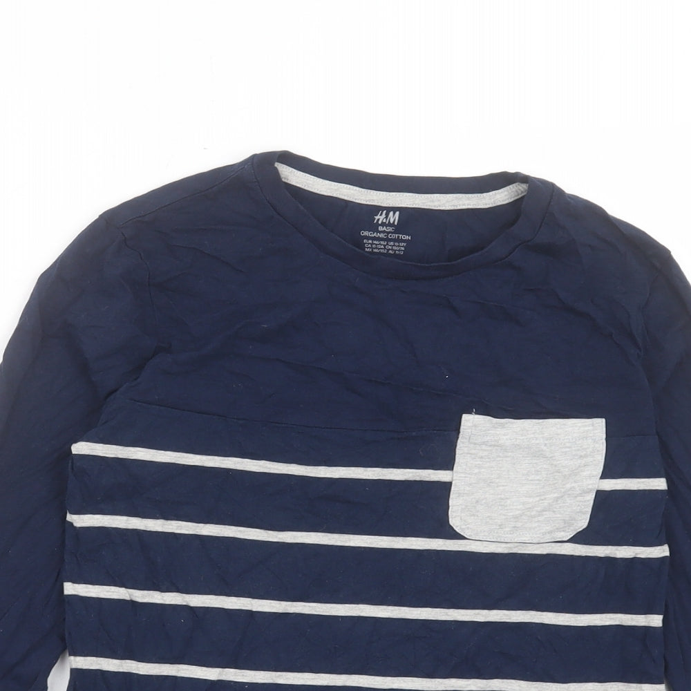 H&M Boys Blue Striped Cotton Basic Casual Size 10-11 Years Crew Neck Pullover - Pocket Detail