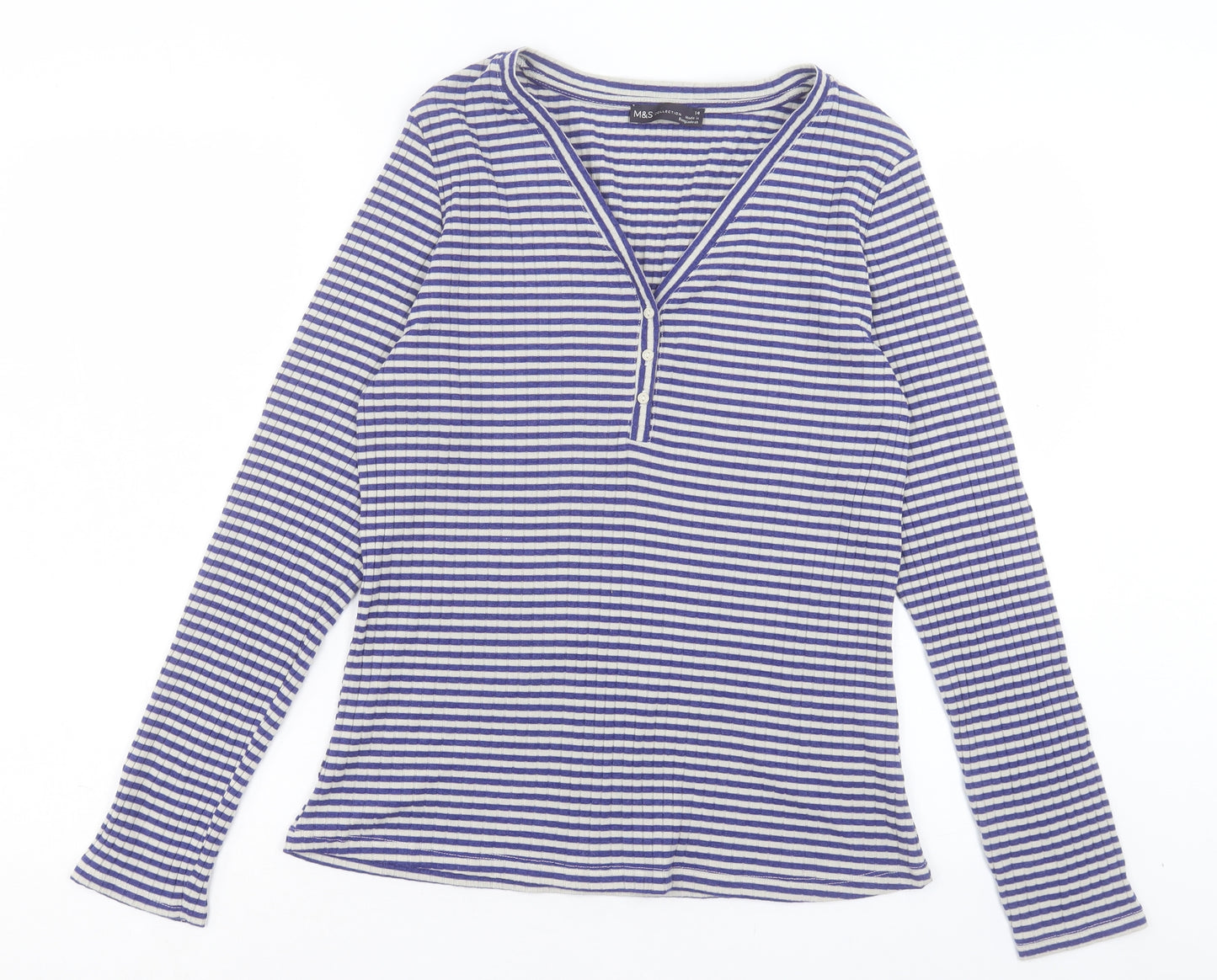 Marks and Spencer Womens Blue Striped Polyester Basic T-Shirt Size 14 V-Neck