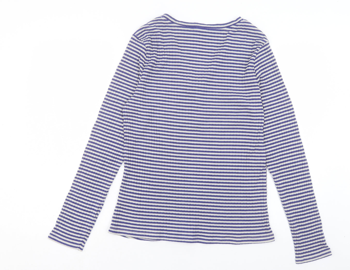 Marks and Spencer Womens Blue Striped Polyester Basic T-Shirt Size 14 V-Neck