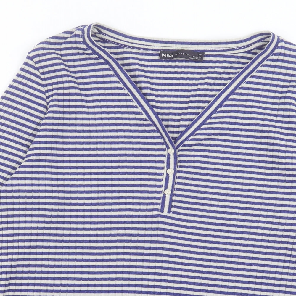 Marks and Spencer Womens Blue Striped Polyester Basic T-Shirt Size 14 V-Neck