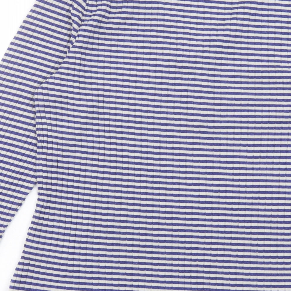 Marks and Spencer Womens Blue Striped Polyester Basic T-Shirt Size 14 V-Neck