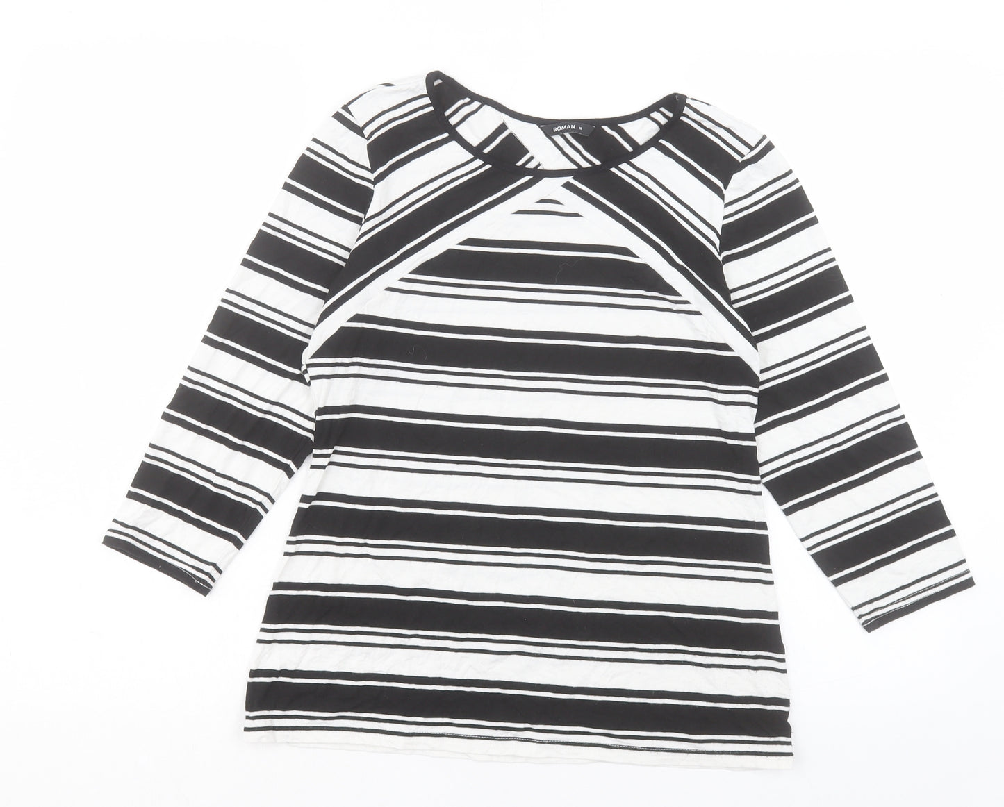 Roman Womens White Striped Viscose Basic T-Shirt Size 10 Crew Neck