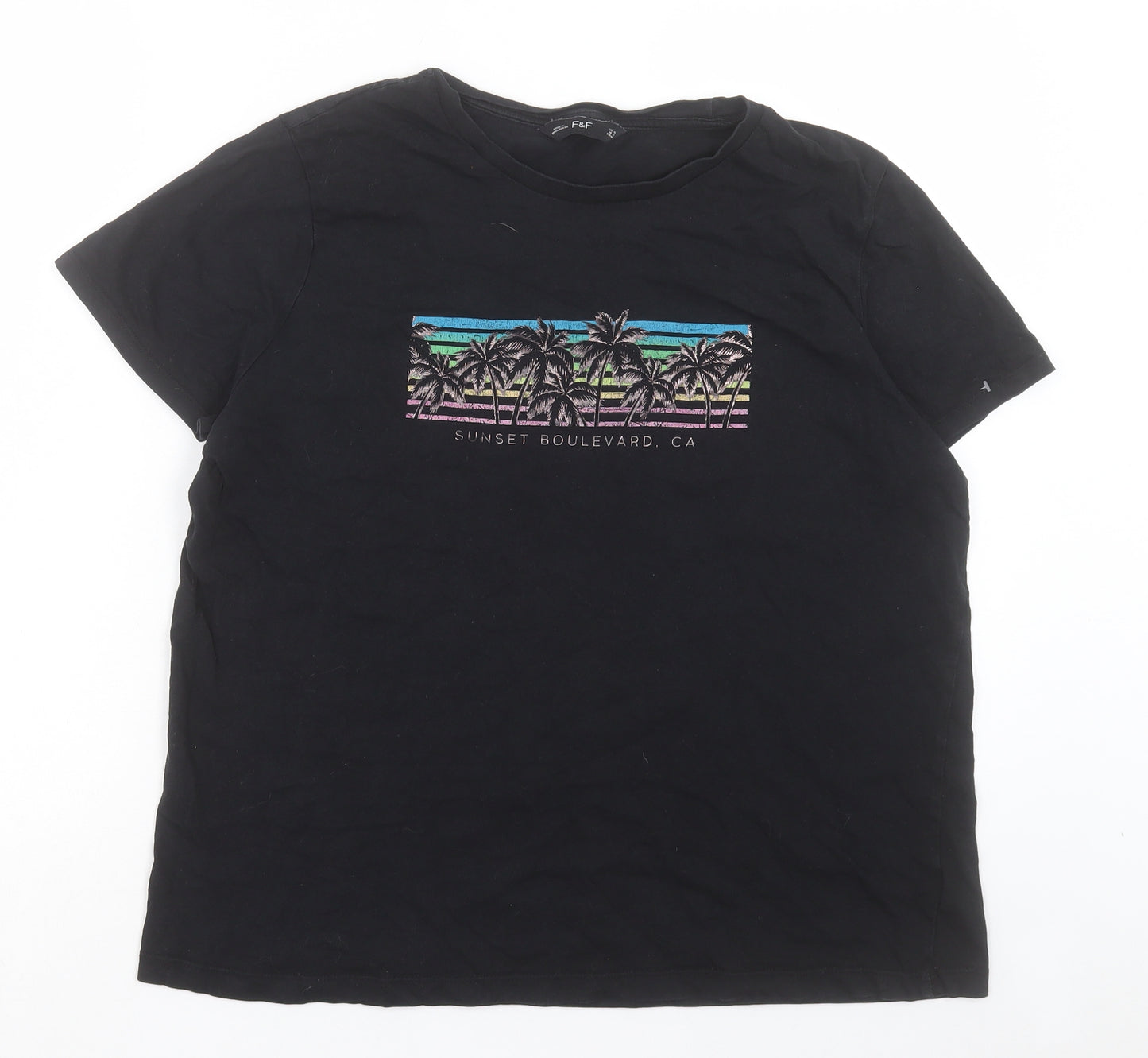 F&F Womens Black Cotton Basic T-Shirt Size 16 Crew Neck - Sunset Boulevard