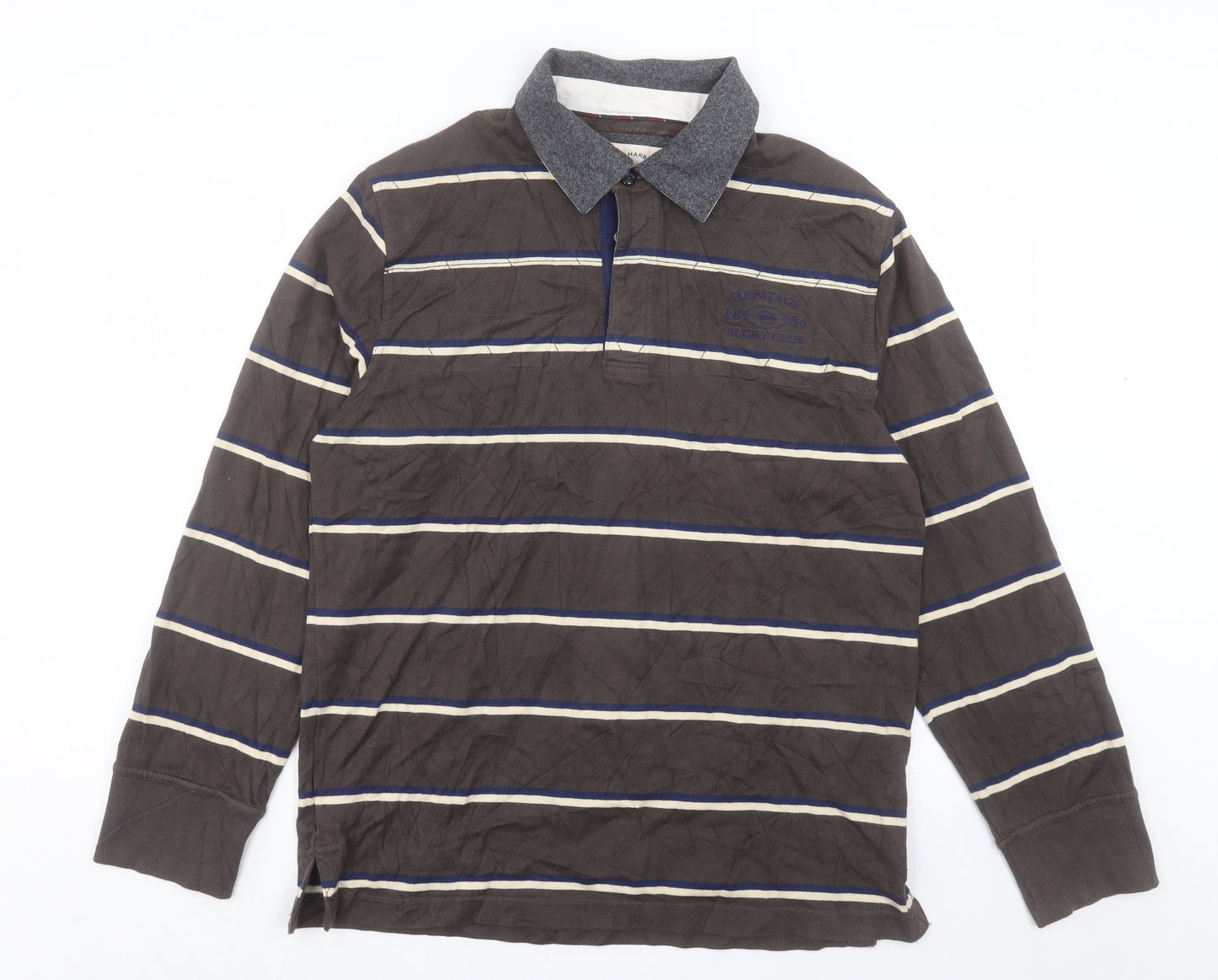 Blue Harbour Mens Grey Striped Cotton Polo Size M Collared Button
