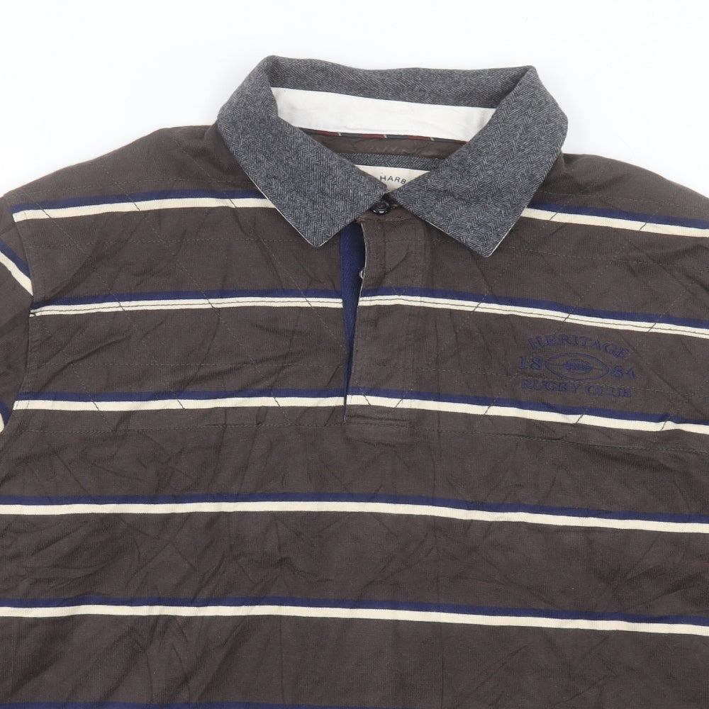 Blue Harbour Mens Grey Striped Cotton Polo Size M Collared Button
