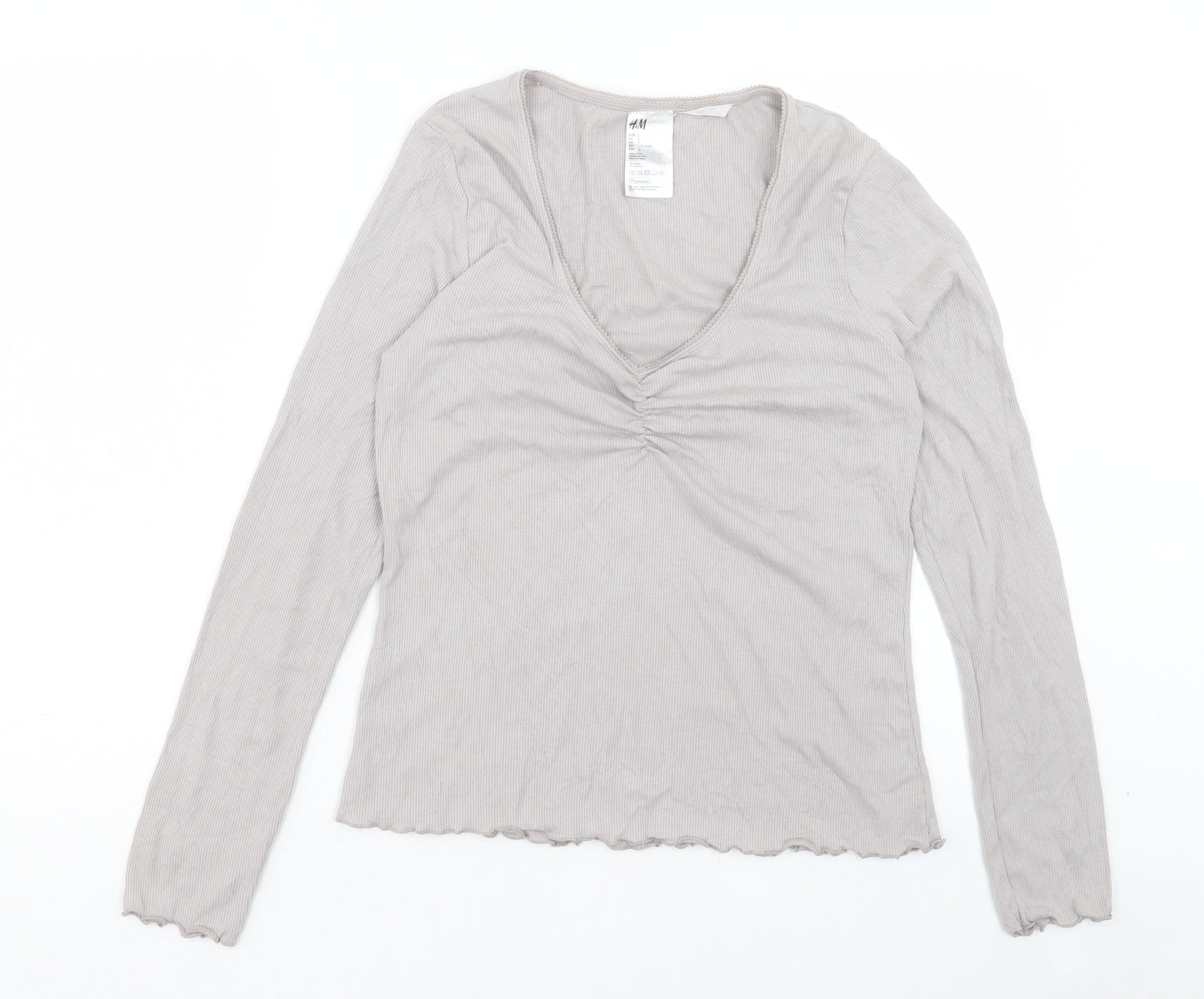 H&M Womens Grey Cotton Basic T-Shirt Size L V-Neck - Lettuce Edging