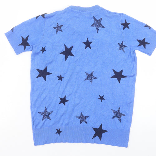 Marks and Spencer Womens Blue Geometric Viscose Basic T-Shirt Size 8 Crew Neck
