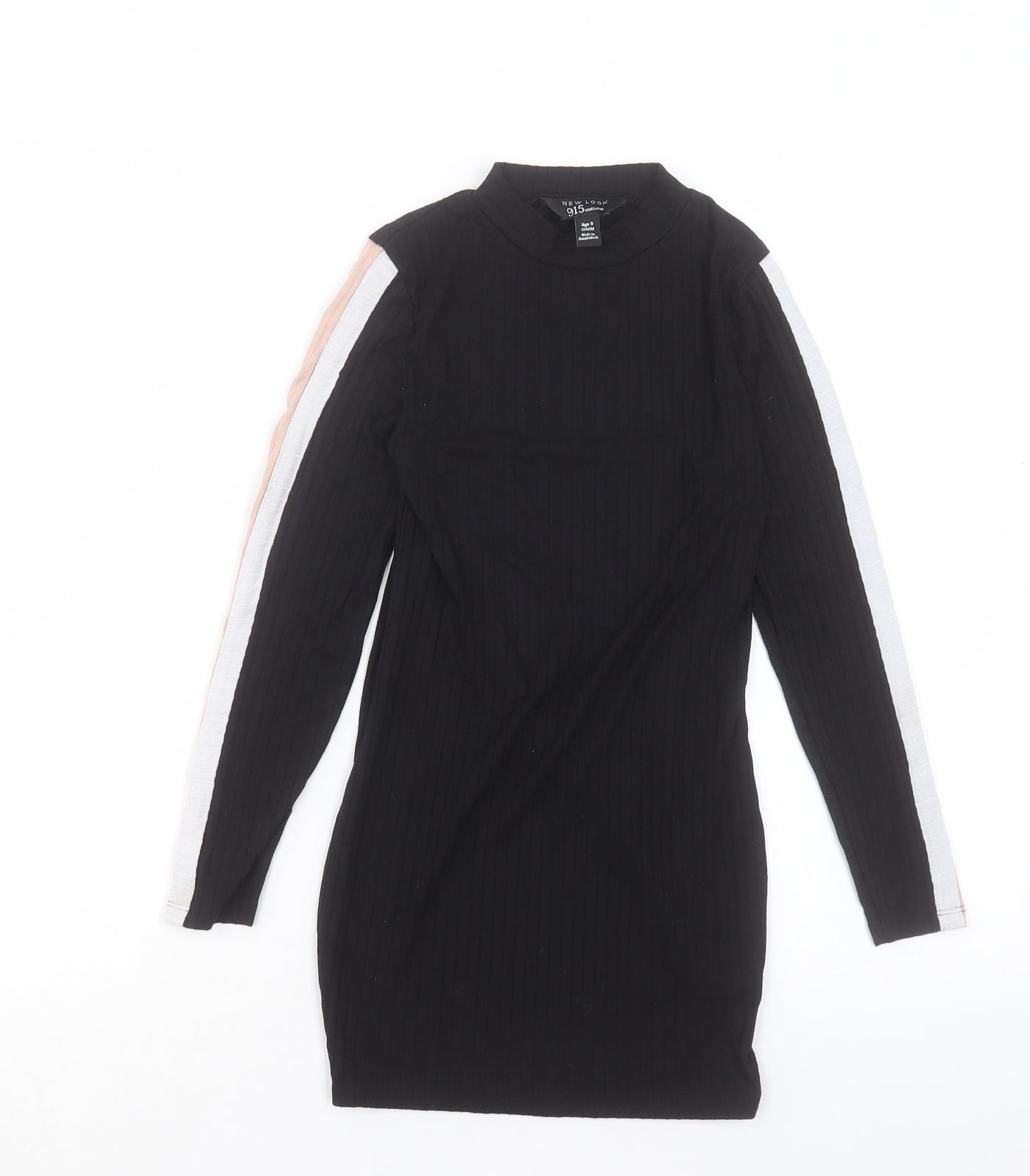 New Look Girls Black Striped Polyester A-Line Size 9 Years Crew Neck Pullover