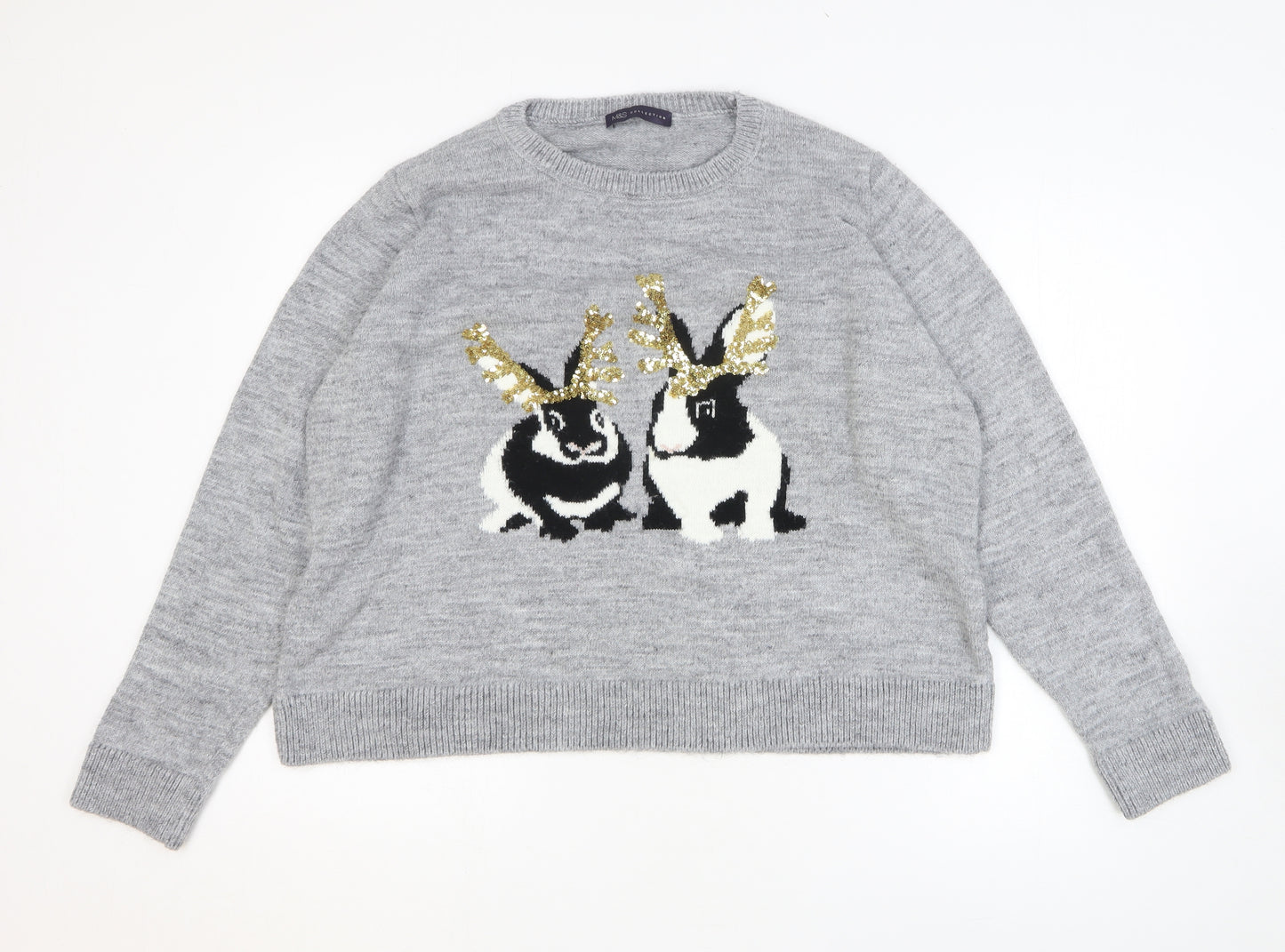 Marks and Spencer Womens Grey Round Neck Acrylic Pullover Jumper Size XL - Rabbits