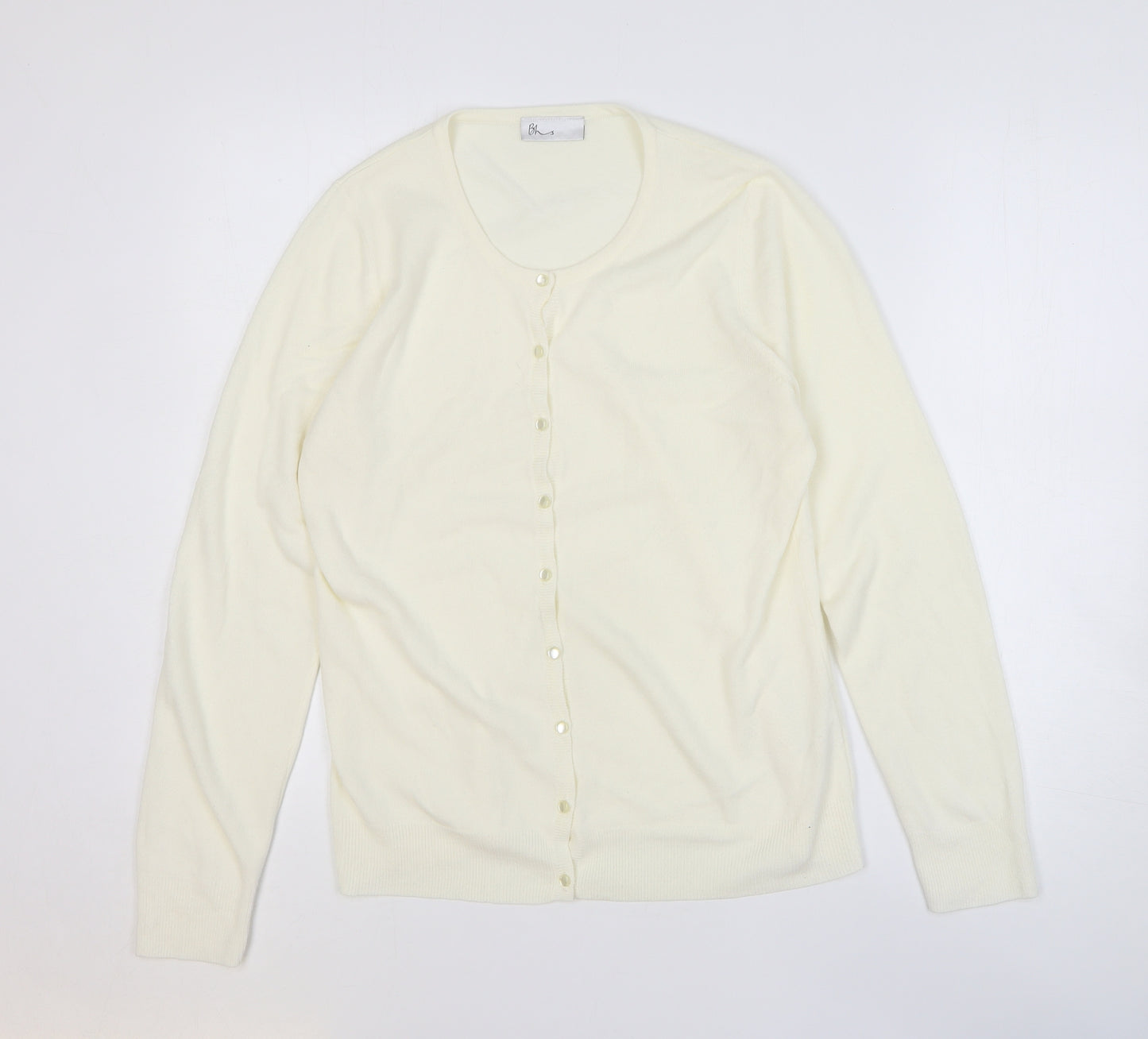 BHS Womens White Round Neck Acrylic Cardigan Jumper Size 14