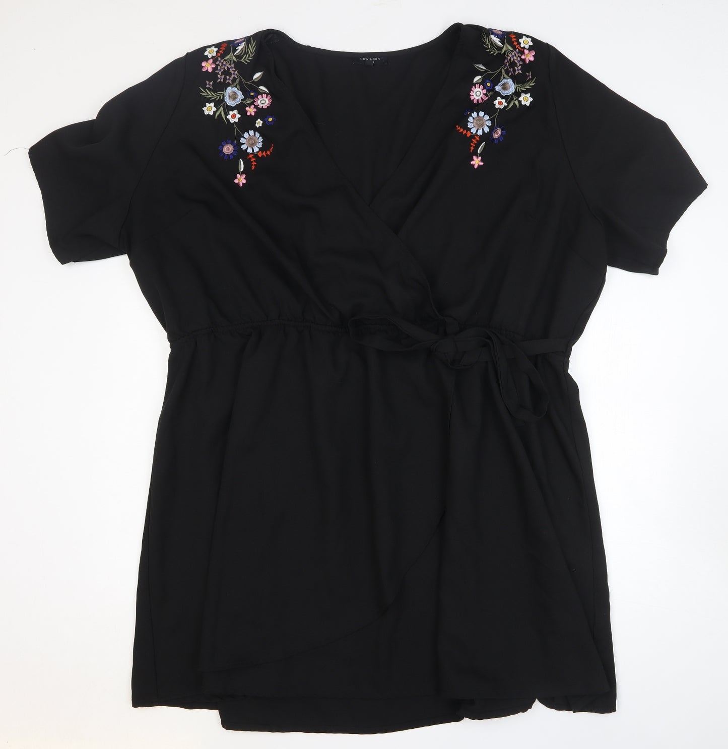 New Look Womens Black Floral Polyester Wrap Dress Size 32 V-Neck Drawstring