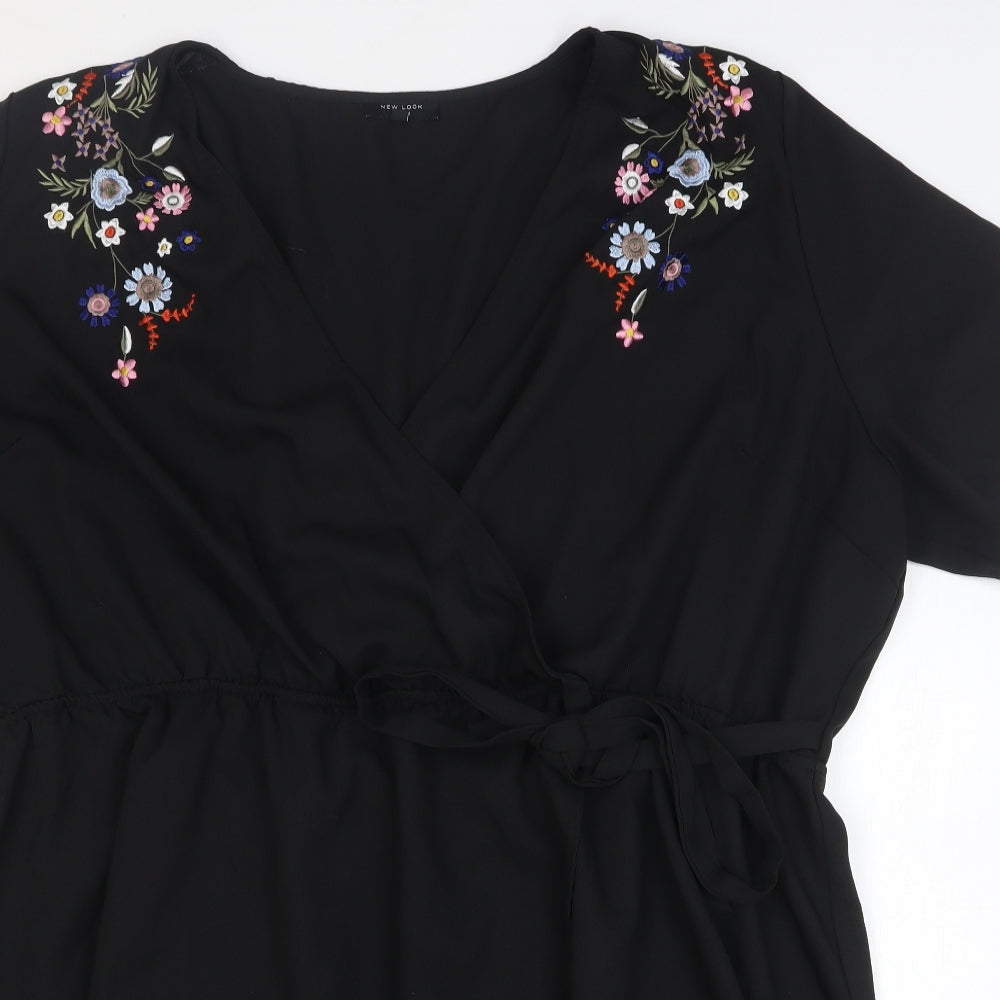 New Look Womens Black Floral Polyester Wrap Dress Size 32 V-Neck Drawstring