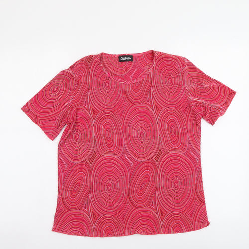 Charmell Womens Pink Geometric Polyester Basic T-Shirt Size M Round Neck