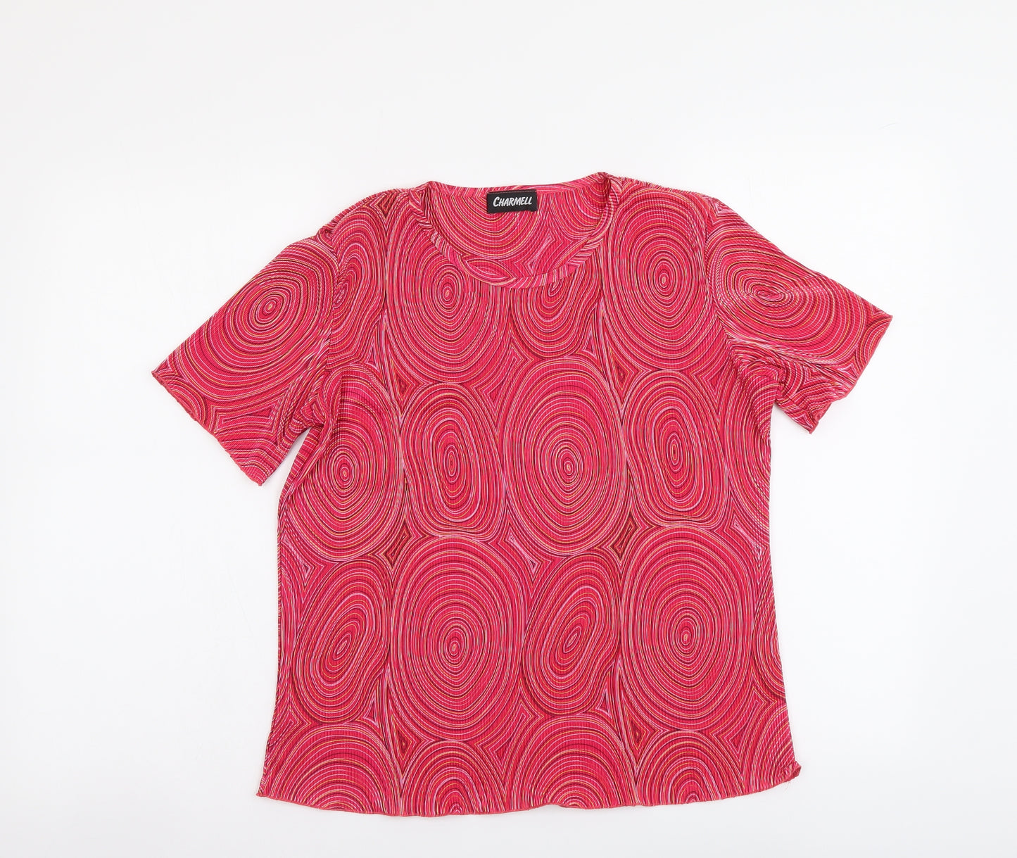 Charmell Womens Pink Geometric Polyester Basic T-Shirt Size M Round Neck