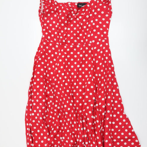 Collectif Womens Red Polka Dot Cotton A-Line Size 20 V-Neck Zip