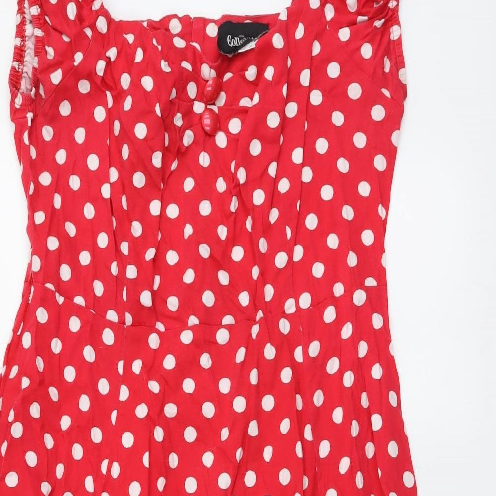 Collectif Womens Red Polka Dot Cotton A-Line Size 20 V-Neck Zip