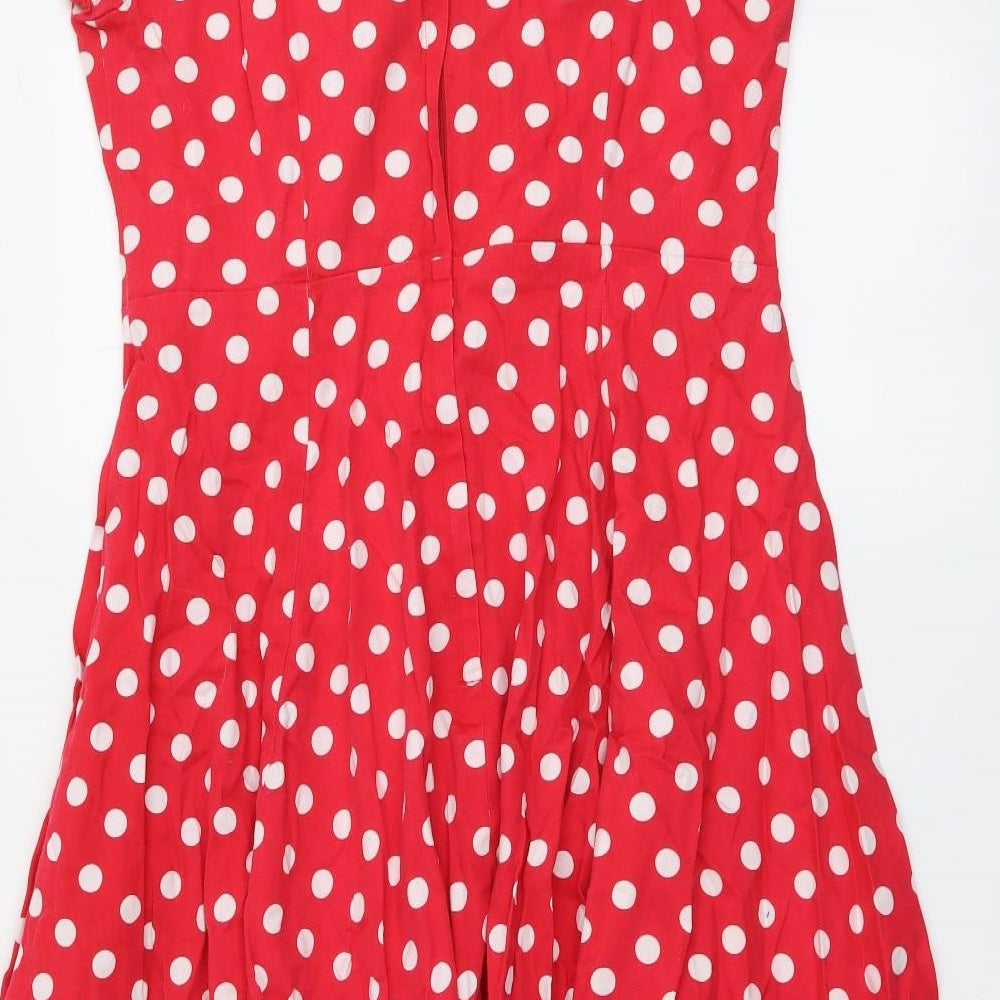 Collectif Womens Red Polka Dot Cotton A-Line Size 20 V-Neck Zip