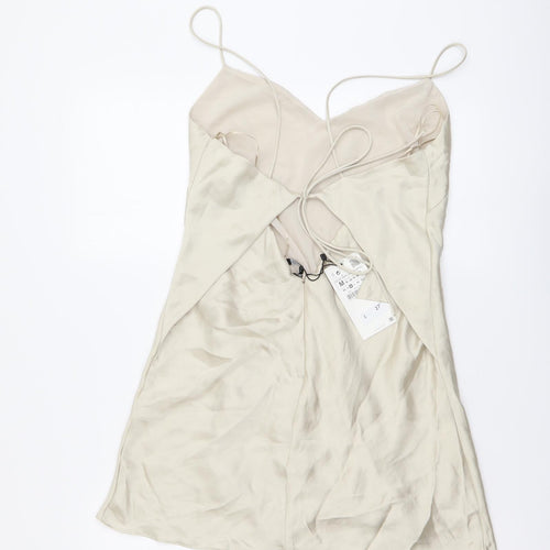 Zara Womens Beige Polyester Mini Size M V-Neck Zip