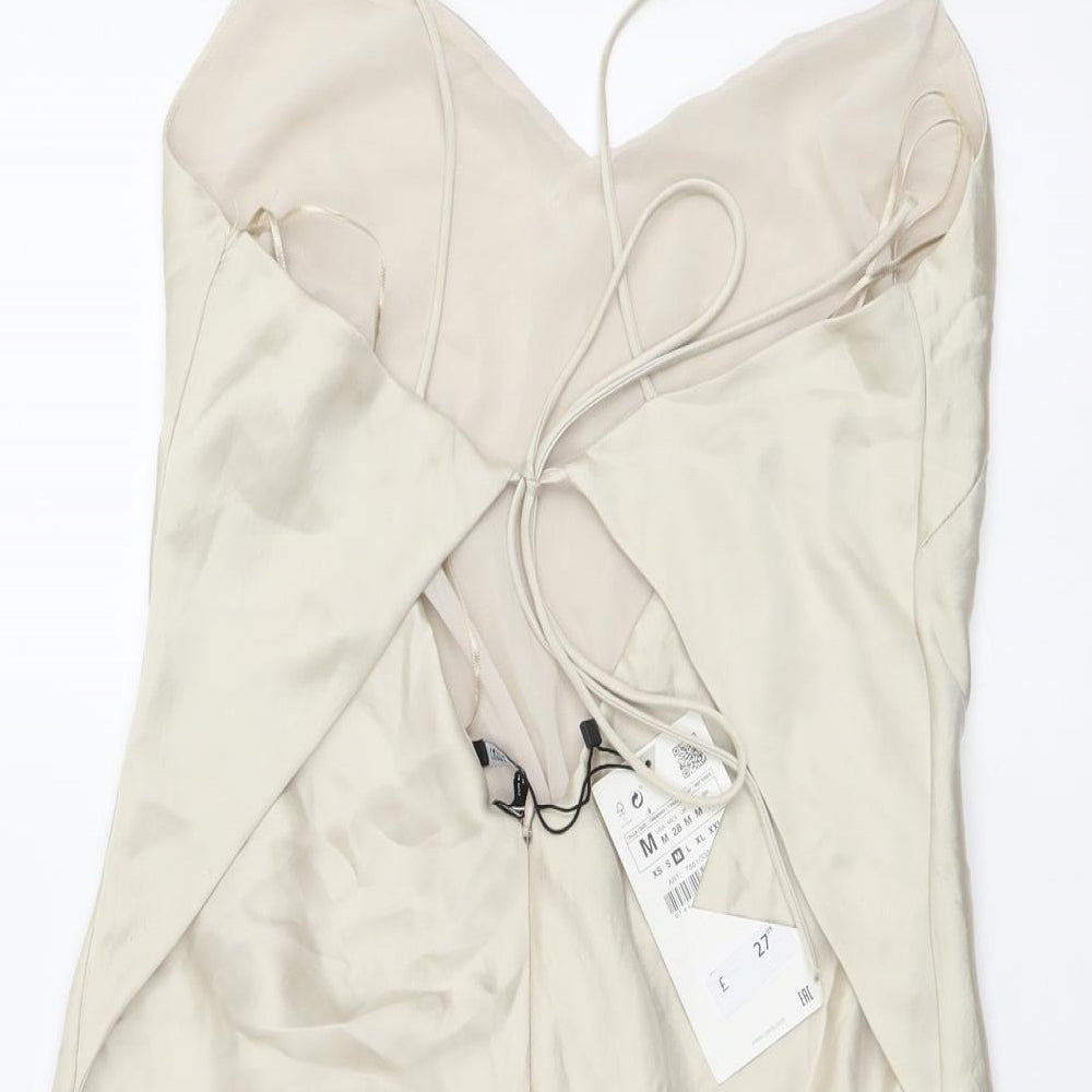 Zara Womens Beige Polyester Mini Size M V-Neck Zip