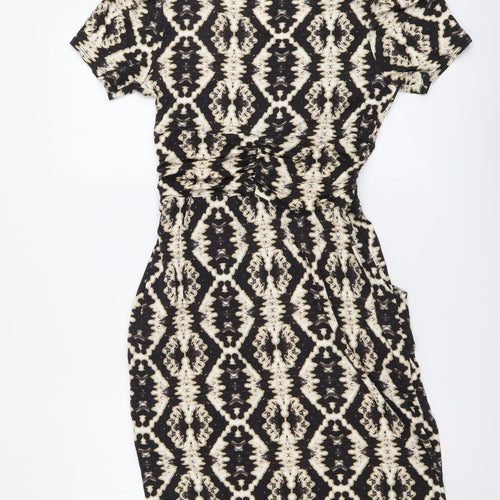 Wallis Womens Black Geometric Viscose A-Line Size 10 V-Neck Pullover