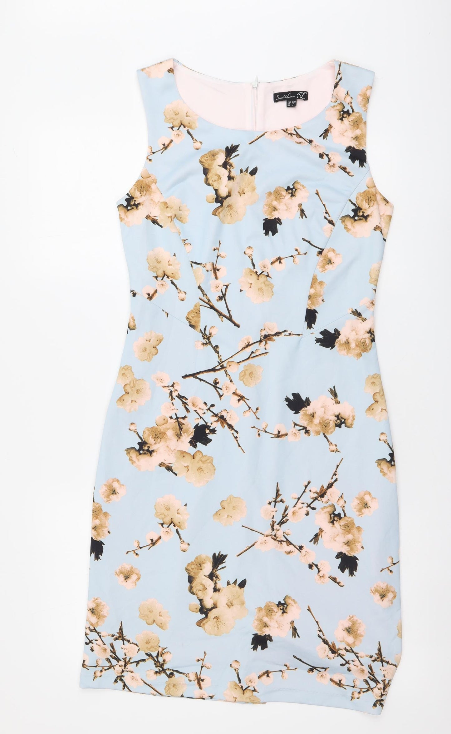 Smashed Lemon Womens Blue Floral Polyester A-Line Size S Round Neck Zip