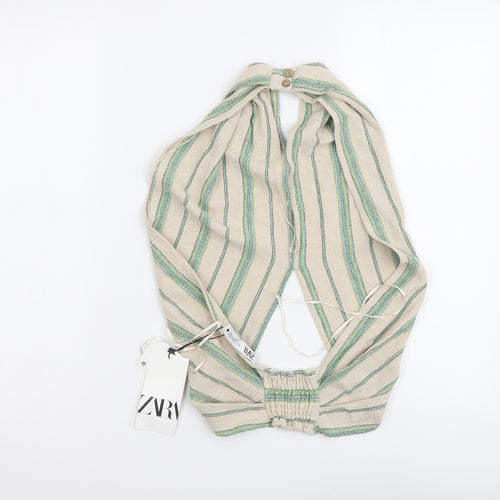 Zara Womens Beige Striped Cotton Cropped Blouse Size M V-Neck