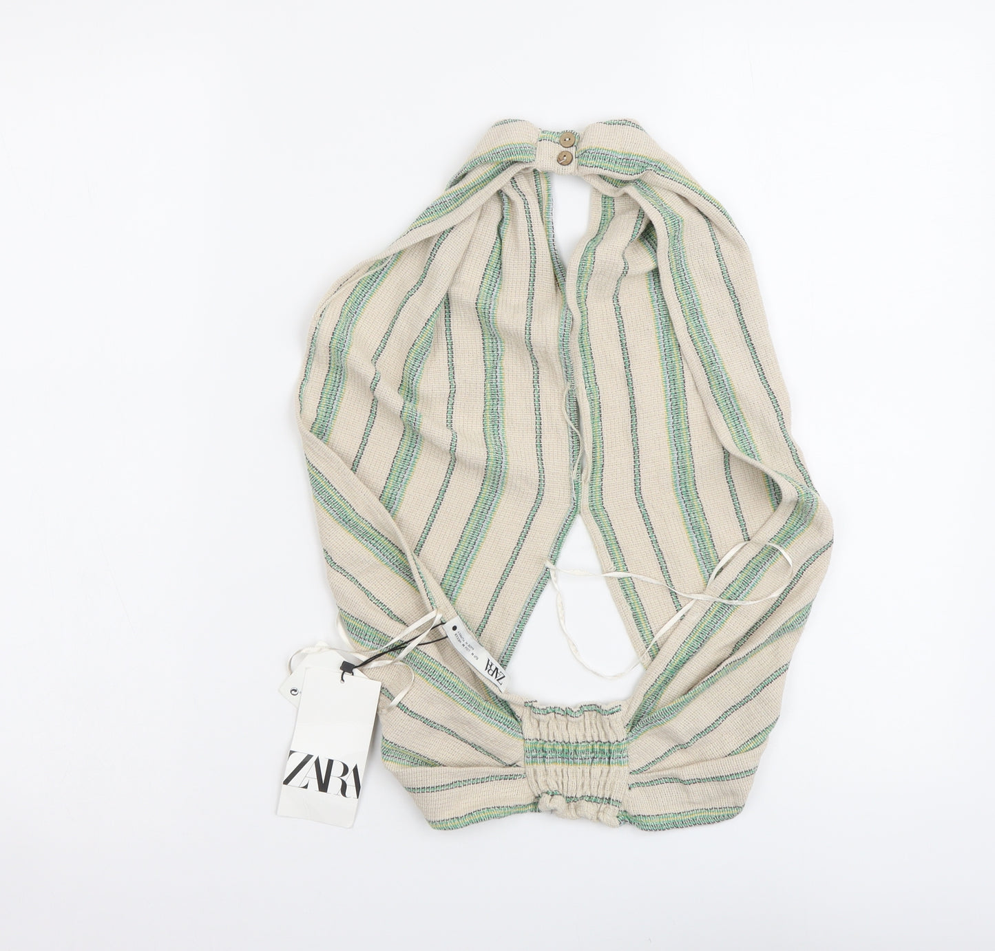 Zara Womens Beige Striped Cotton Cropped Blouse Size M V-Neck