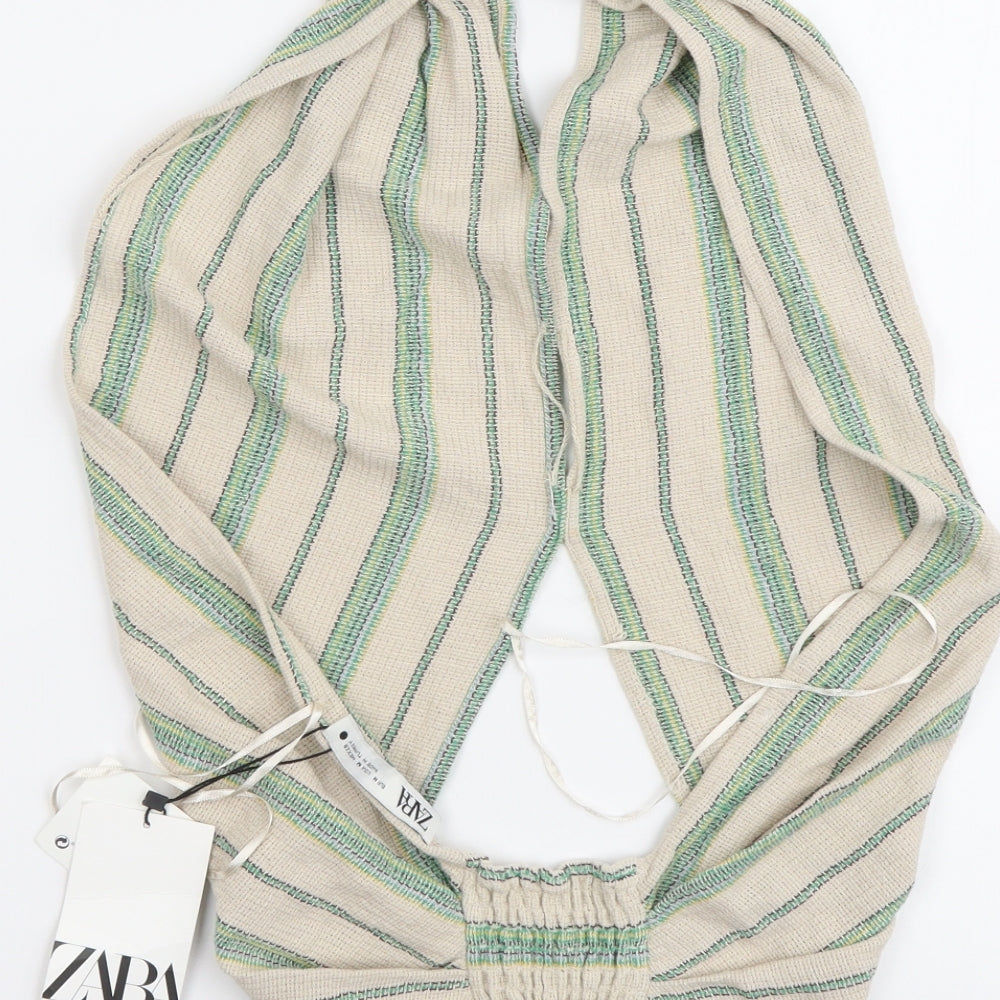Zara Womens Beige Striped Cotton Cropped Blouse Size M V-Neck