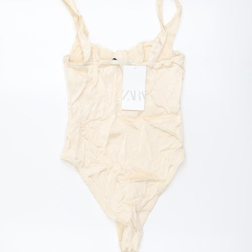 Zara Womens Beige Viscose Bodysuit One-Piece Size S Snap - Lace Detail
