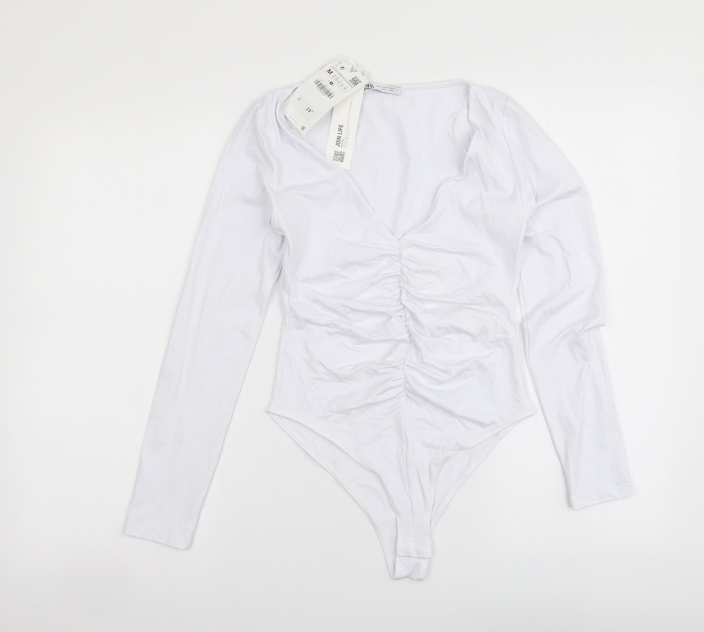 Zara Womens White Polyamide Bodysuit One-Piece Size M Snap - Ruched Detail