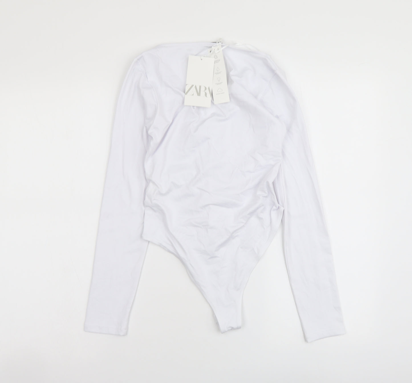 Zara Womens White Polyamide Bodysuit One-Piece Size M Snap - Ruched Detail