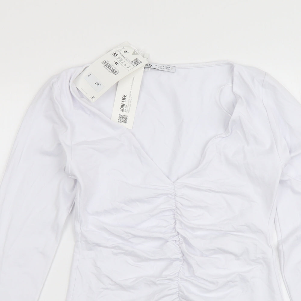 Zara Womens White Polyamide Bodysuit One-Piece Size M Snap - Ruched Detail