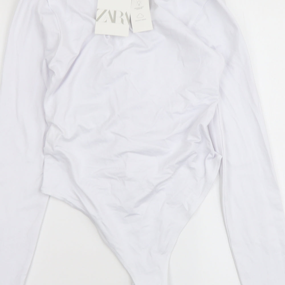 Zara Womens White Polyamide Bodysuit One-Piece Size M Snap - Ruched Detail