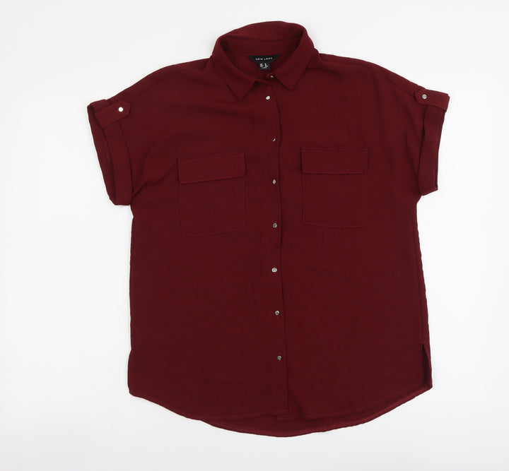 New Look Womens Red Polyester Basic Button-Up Size 8 Collared