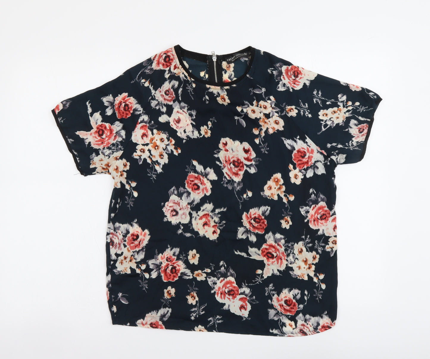 Cherry Couture Womens Blue Floral Polyester Basic Blouse Size S Round Neck