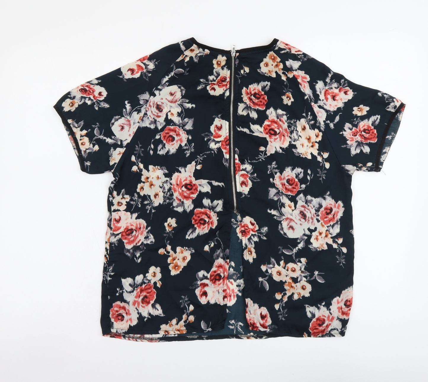 Cherry Couture Womens Blue Floral Polyester Basic Blouse Size S Round Neck