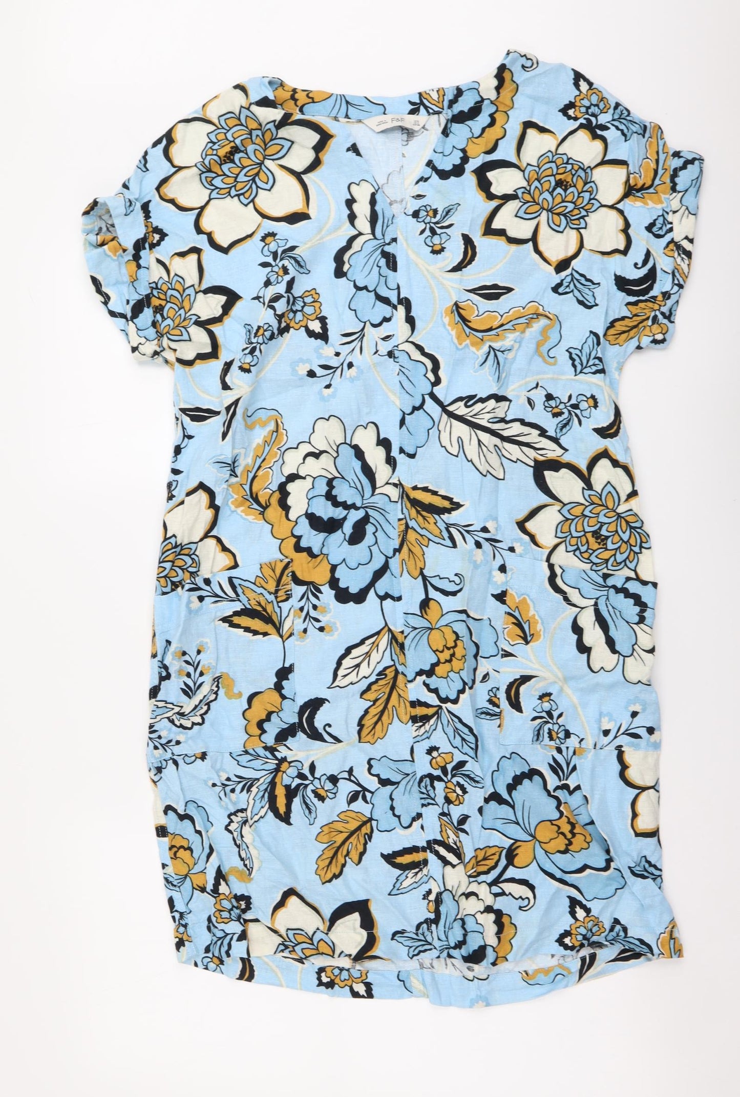 F&F Womens Blue Geometric Linen Sheath Size 8 V-Neck Pullover