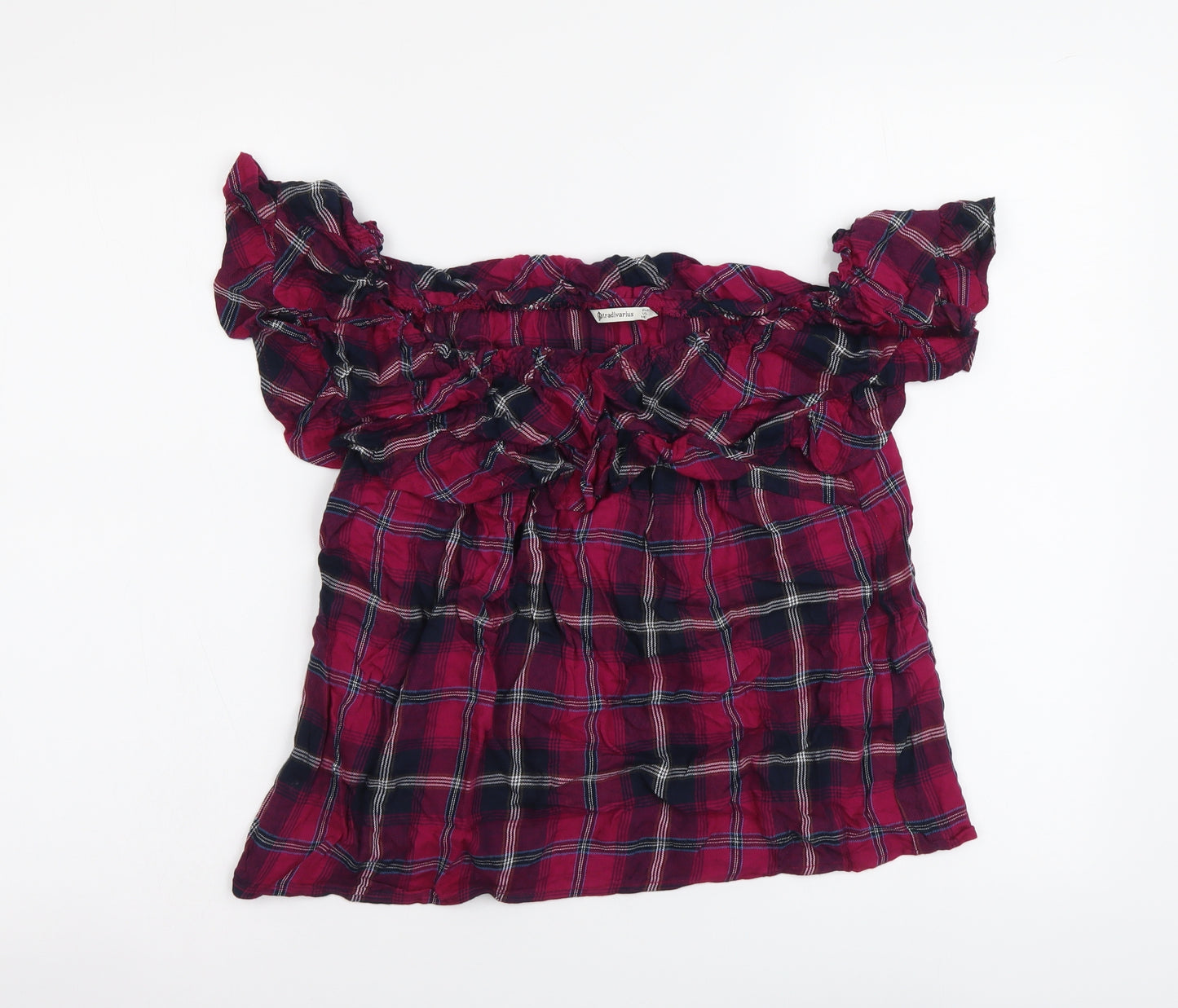 Stradivarius Womens Purple Plaid Viscose Basic Blouse Size L Off the Shoulder