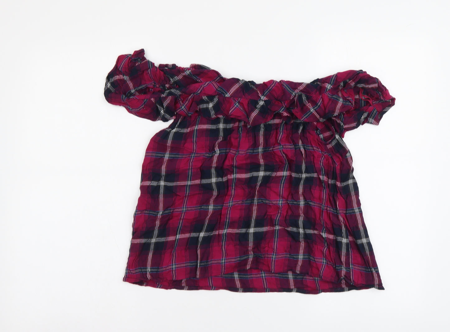Stradivarius Womens Purple Plaid Viscose Basic Blouse Size L Off the Shoulder