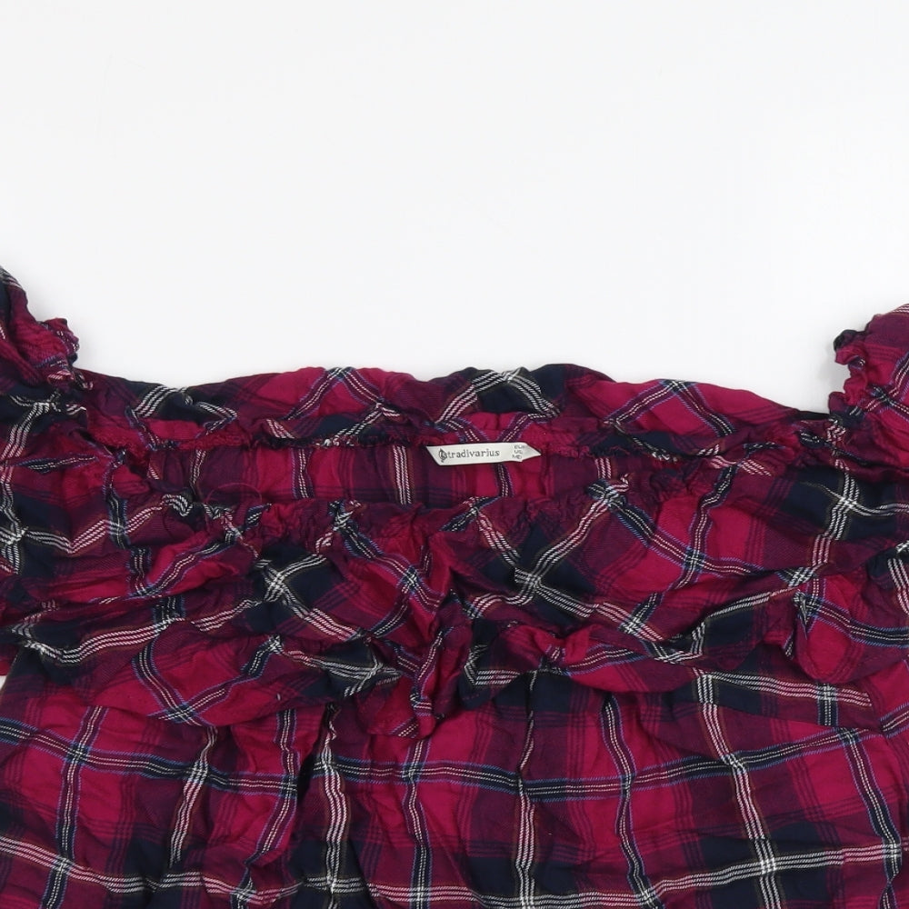 Stradivarius Womens Purple Plaid Viscose Basic Blouse Size L Off the Shoulder
