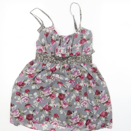 Miso Womens Grey Floral Polyester Fit & Flare Size 14 Scoop Neck Zip