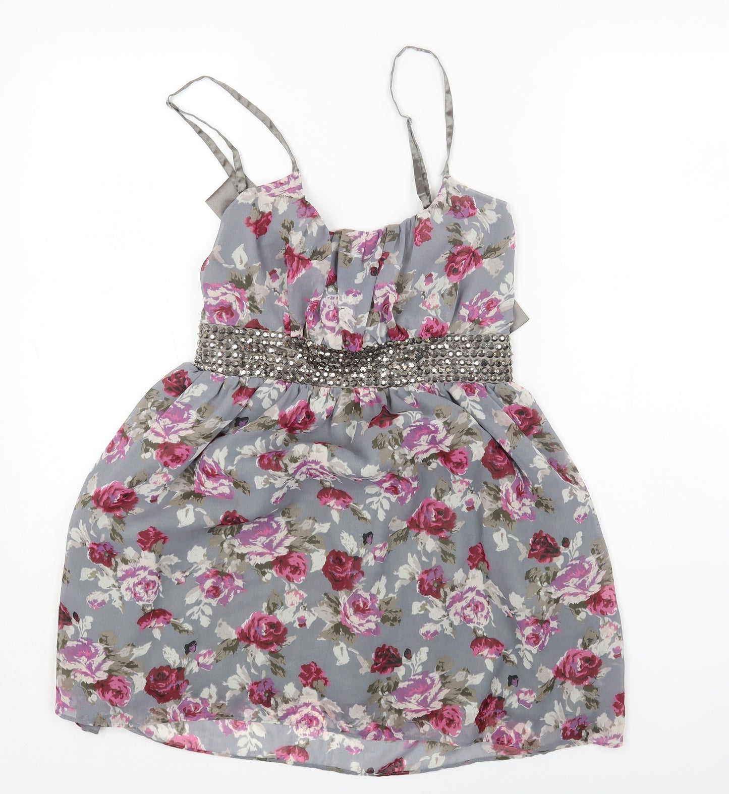 Miso Womens Grey Floral Polyester Fit & Flare Size 14 Scoop Neck Zip