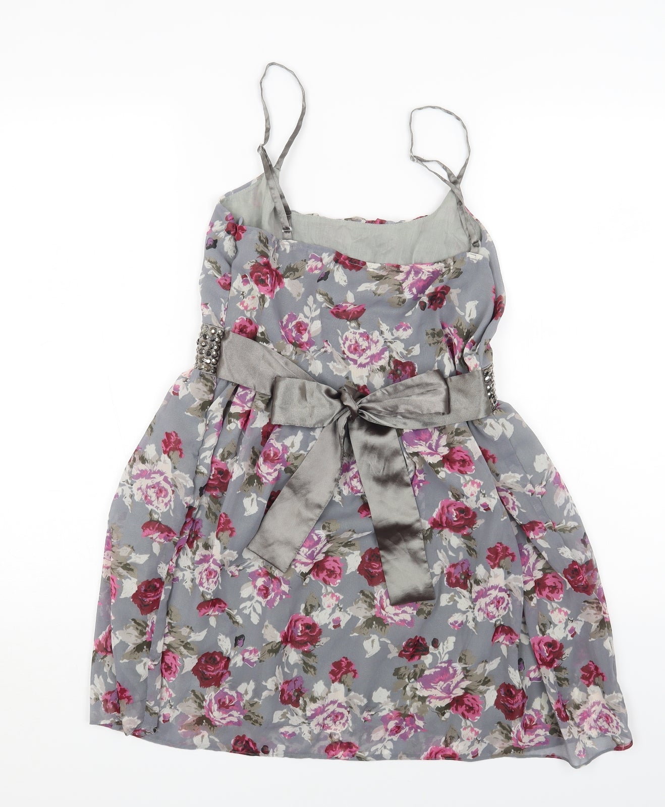 Miso Womens Grey Floral Polyester Fit & Flare Size 14 Scoop Neck Zip
