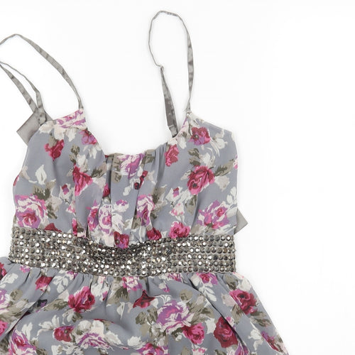 Miso Womens Grey Floral Polyester Fit & Flare Size 14 Scoop Neck Zip