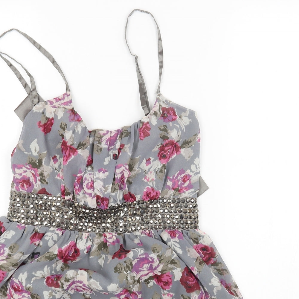 Miso Womens Grey Floral Polyester Fit & Flare Size 14 Scoop Neck Zip