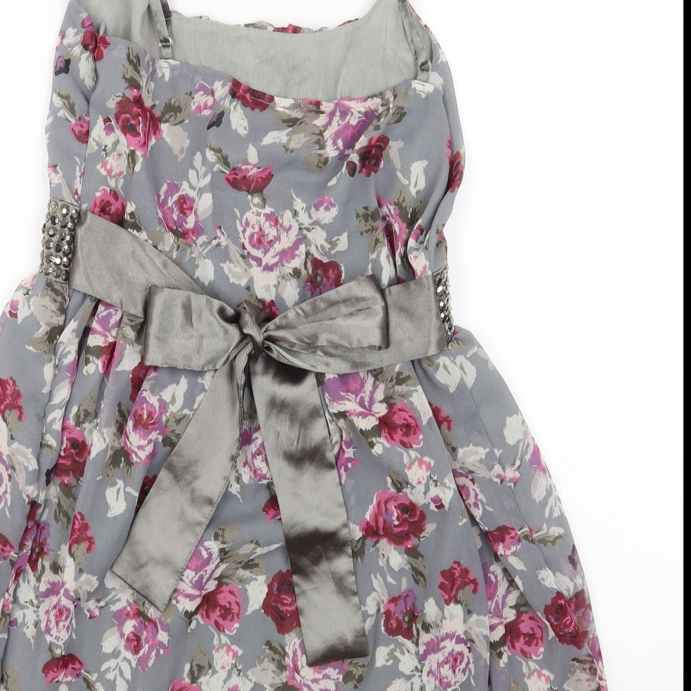 Miso Womens Grey Floral Polyester Fit & Flare Size 14 Scoop Neck Zip