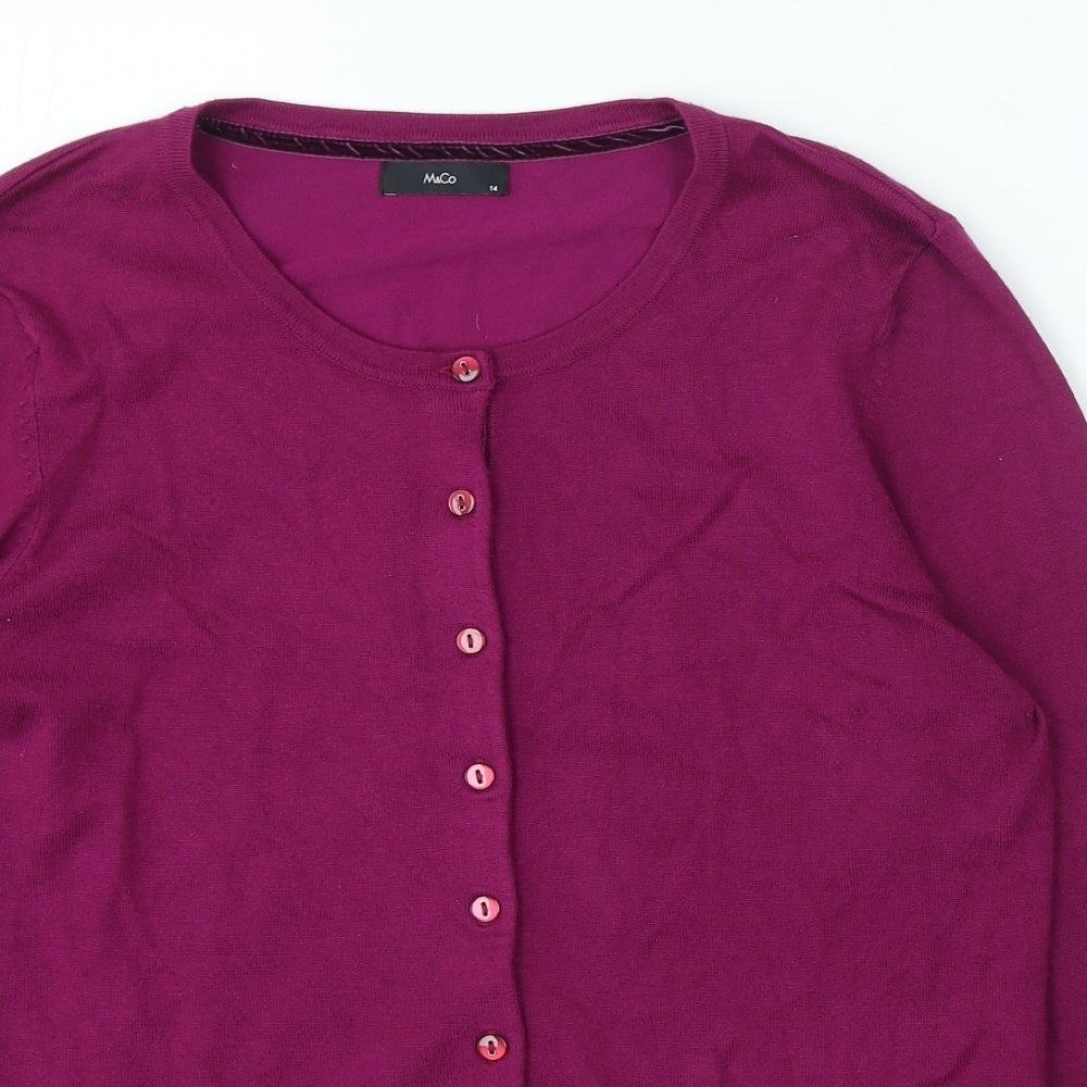 M&Co Womens Purple Round Neck Polyester Cardigan Jumper Size 14
